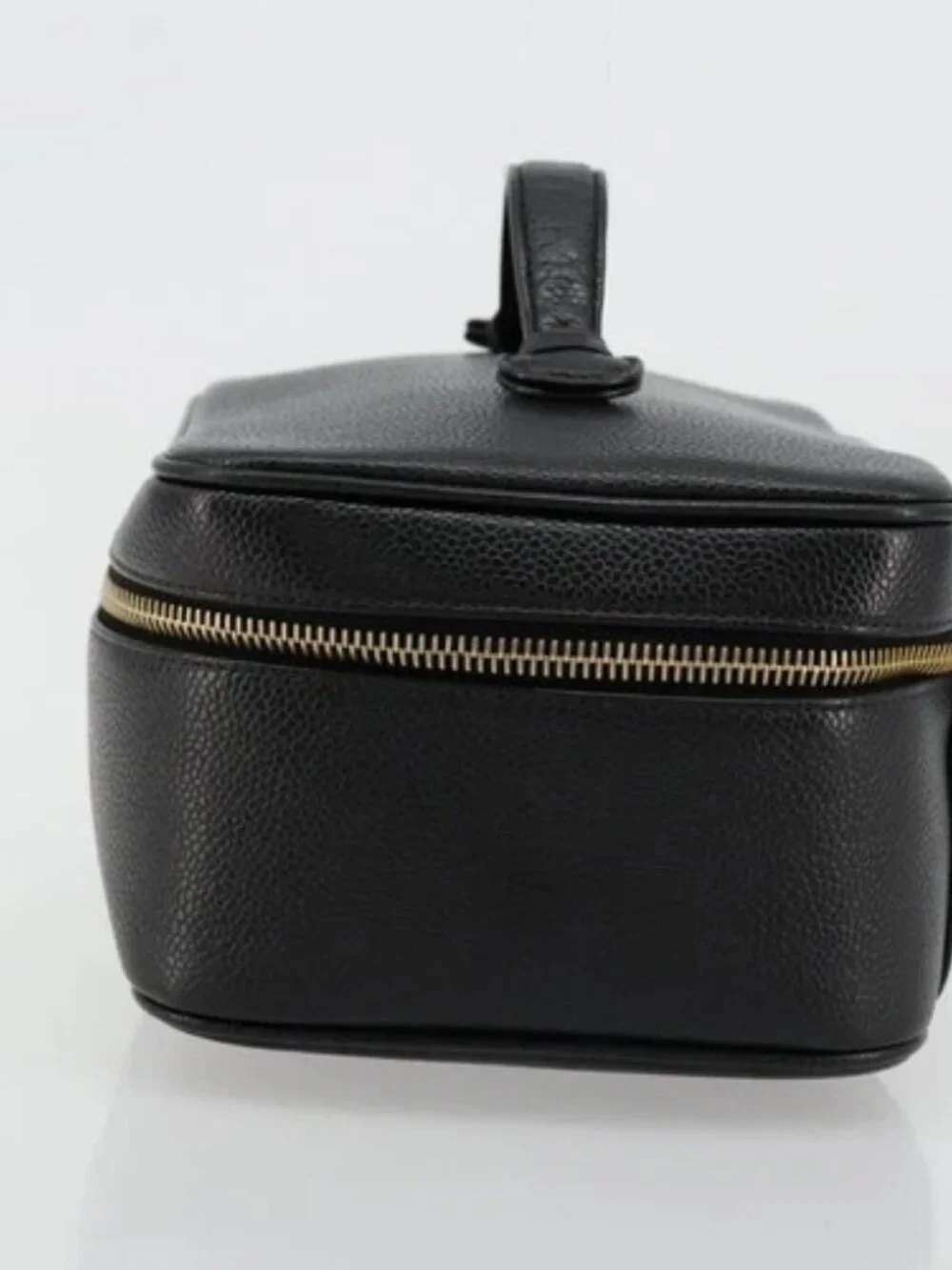 CHANEL Vanity Pouch Grained Calf Skin Black Gold CC Auth bs34489